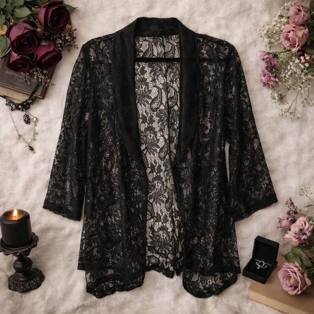 Black Sheer Lace Kimono Cardigan M Boho Goth Festival Duster
